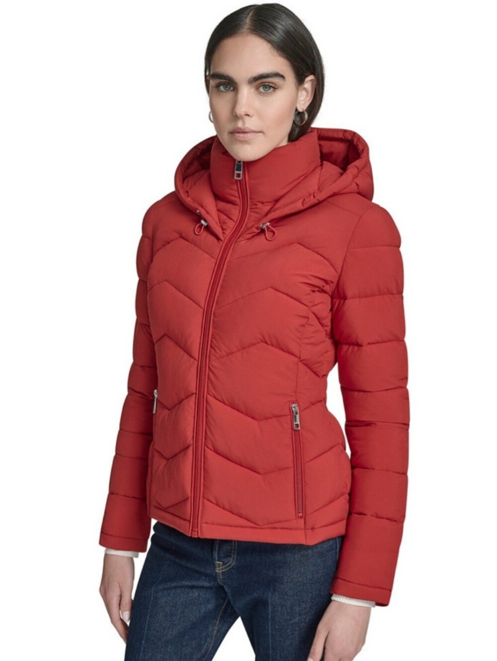 Calvin Klein Women's Short Zip-Up Hooded Puffer Coat Scarlet Red Medium